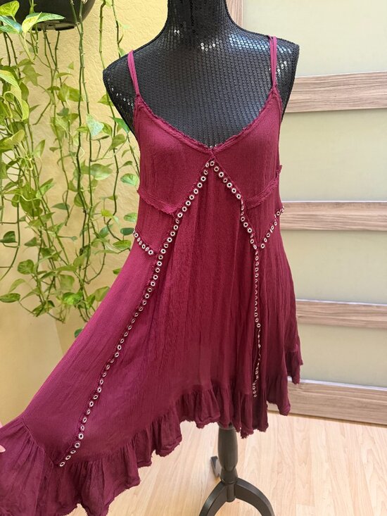 Free People Dresses & Skirts - Free People Burgundy Eyelet Mini Dress – Boho Festival Slip Dress